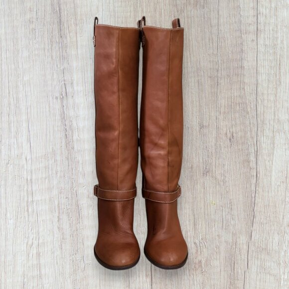 Lauren Ralph Lauren Honey Brown Valora Pull On Buckle Mid Calf Stacked Heel Boot - Picture 3 of 11